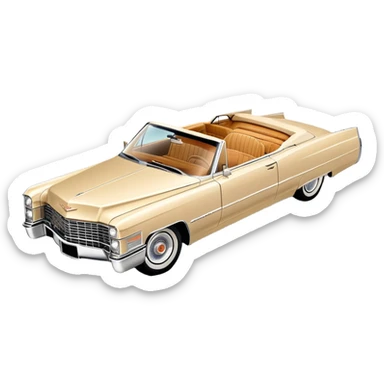 Elegant beige 1966 Cadillac DeVille with sharp details, consistent 30-degree perspective showing front and side, vintage luxury car styling, from Tarantino's Once Upon a Hollywood, iOS emoji style sticker