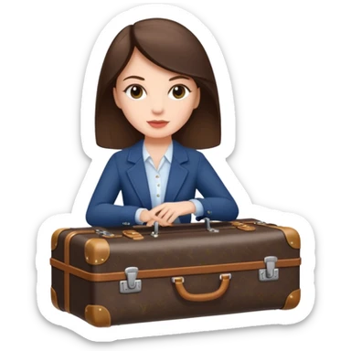 White woman brunette with a suitcase LV sticker