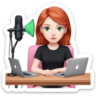 Redhead with green eyes sat at desk with pink MacBook and  podcast microphone black top and pink chair  sticker