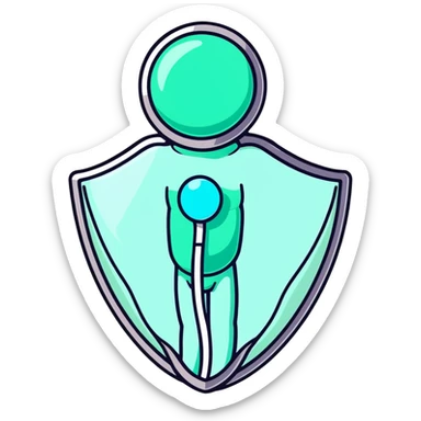 Silver semi-transparent capsule floating next to an ethereal glowing immune system figure, with a small shining shield over a luminous thyroid gland sticker