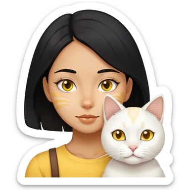 Black hair girl with a white cat with yellow on face sticker