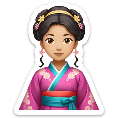 Cinematic Realistic Hanbok Emoji, depicted as a graceful intricately designed traditional Korean dress with vibrant colors and flowing lines, rendered with delicate textures and soft cultural lighting that captures its timeless elegance. sticker
