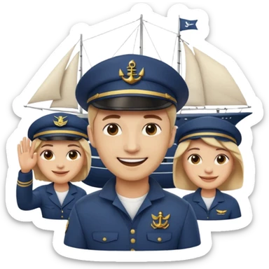 Emoji-style person taking a selfie with small sailing crew behind, rounded faces, soft shading, smiling, PNG cutout sticker