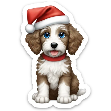 Aussidoodle puppy with blue eyes wearing Santa hat and red bow sticker