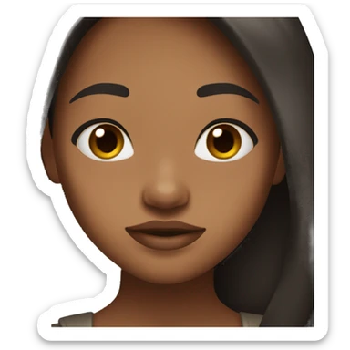 Brown skin girl teen, very black long hair colour, brown eyes, round face shape, sharp nose, lips are small, chubby character, cute face sticker