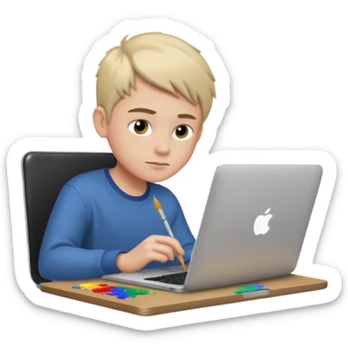 boy working in Macbook, he is graphic designer and paint artist sticker