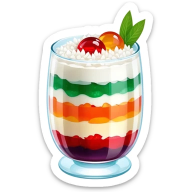 chè ba màu, vietnamese three color dessert, glass cup with vibrant layers, sweet beans and jelly sticker