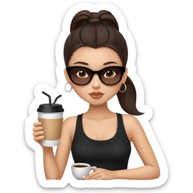 generate a pretty fair bratz girl with dark brown eyes, dark brown eyes tied into a slick back ponytail, thin brown sunglasses. Wearing a black cami top and drinking coffee, high cheekbones sticker