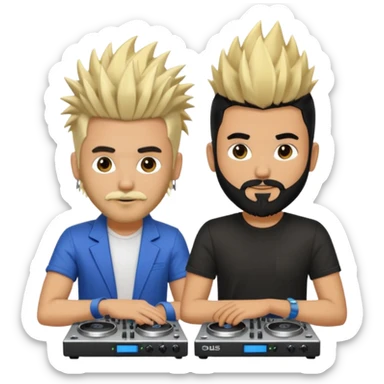 Two male dj’s, one with a long spiky Blonde hair, the second one black short hair and black beard sticker