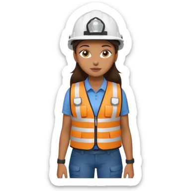 Brunette brown Girl full body standing with her white security helmet and security vest that fits her big on, also with her black backpack sticker