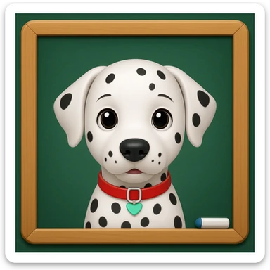 Dalmatian in front of a green school board in a wooden frame, iphone emoji style sticker