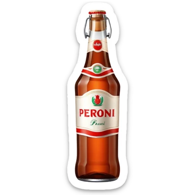 Glass bottle Peroni with red marketing tape and a brown glass bottle color sticker