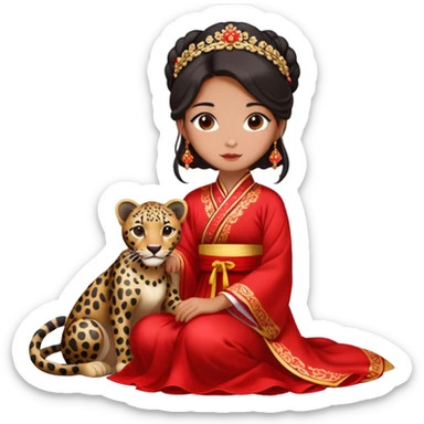 A beautiful girl in red Hanfu wedding dress sits on the ground holding a black leopard sticker