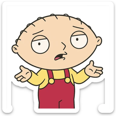 Stewie from Family Guy with hands up, confused, cartoon style sticker