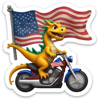 Dragon riding a motorcycle while waving an American flag sticker