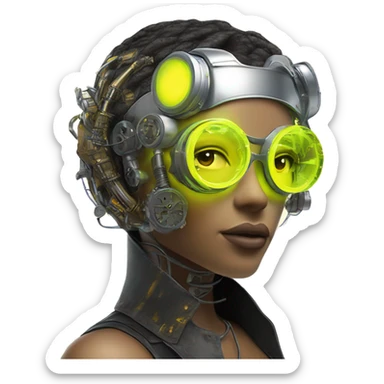 Neon yellow bobbed hair Latina female cyborg head with silver steampunk goggles and circuits sticker