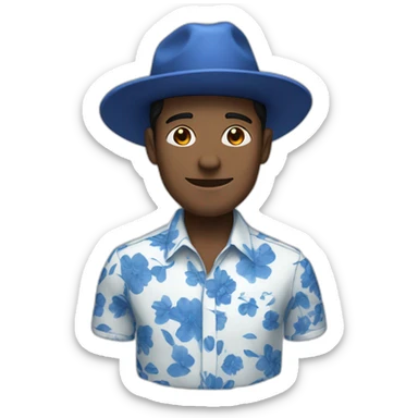 White Man with black hair, strip blue flowered shirt, brown hat sticker