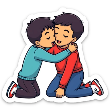 White adult male dark hair open mouth tongue kissing dark skin  adult male,  naked, sexual touching, in love with each other, hugging.. on the floor sticker