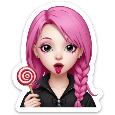 Cute Goth girl with long pink hair licking a lolli sticker