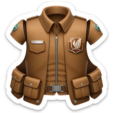emoji-style depiction of Attack on Titan Survey Corps suit, flared collar, harnesses, compact maneuvering gear, muted browns blacks grays, subtle expression of readiness, optimized for emoji size sticker