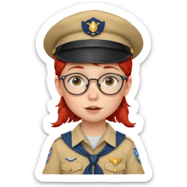 scout girl baby with uniform including the hat,  little with glassess and red hair sticker