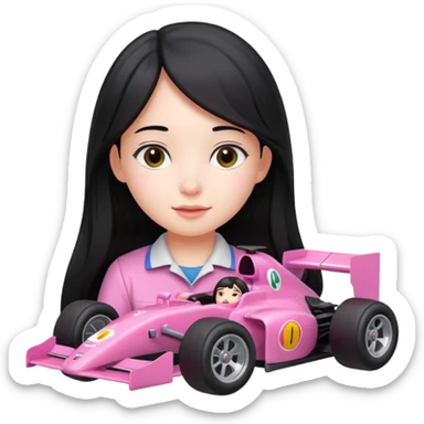 long black haired girl kid playing pink colored formula 1 car toy sticker