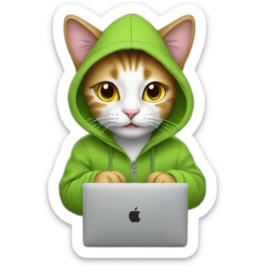 cat with hoodie and a macbook sticker