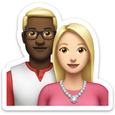 black man with glasses and wearing a red shirt next to a blonde white woman wearing a pink dress and a big diamond necklace sticker