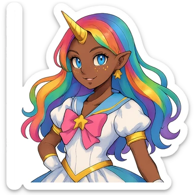 a magical girl with rainbow hair, blue eyes, dark skin, a gold unicorn horn, and star-shaped freckles sticker