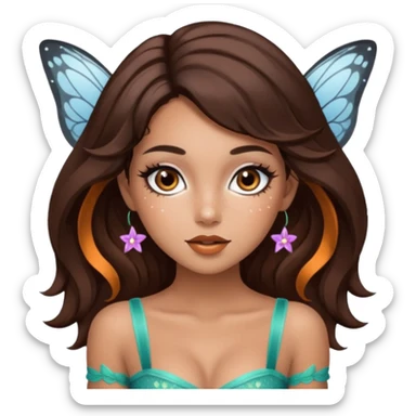 Pretty girl with caramel skin. Dark brown hair and brown eyes. She has freckles. Wearing sexy makeup. Wearing a fairy costume. wearing white fishnet tights on legs and heels sticker