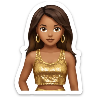 LeToya Luckett with long dark brown hair, gold sequin crop top  sticker