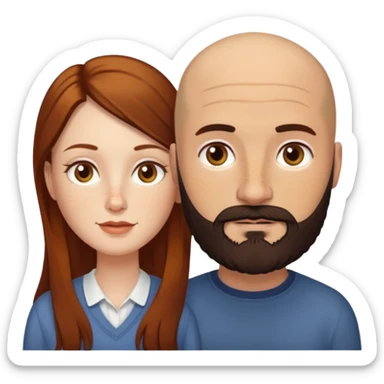 Couple. Bald man with dark brown-black beard. White woman with many small, faded freckles, she has white skin and she has auburn-yellow-brown-cinnamon, dark long hair. She has light brown eyes. The man have hazel eyes. Retro style. sticker