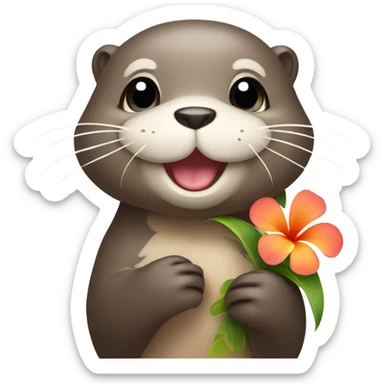 A happy and cute otter face holding a Hawaiian flower sticker