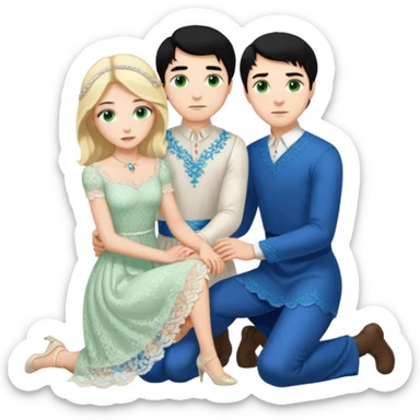 King, man, black Hair, blue eyes, whole body, Woman, bending knees, blonde, green eyes, White Dress, sticker