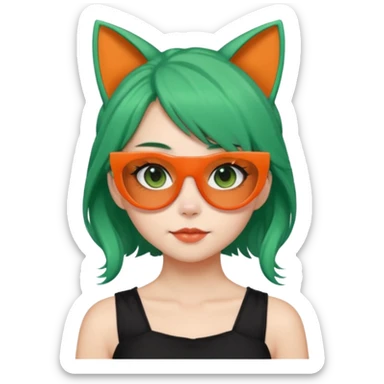 cute woman with a top brown ponytail a dyed bottom green hair with cat ears matching the hair color [neko] with orange shutter shades and a black dress sticker
