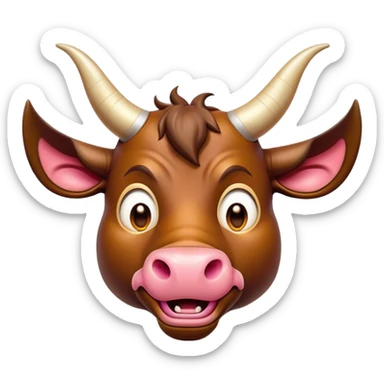 Cinematic Comical Domestic Bull Portrait Emoji, Head tilted dramatically with an exaggeratedly amused expression, featuring a striking, glossy coat with boldly defined horns and wide, expressive eyes brimming with playful disbelief, Simplified yet hilariously expressive features, highly detailed, glowing with a slightly sassy, earthy glow, high shine, dramatic yet playful, stylized with an air of cheeky rural mischief, soft glowing outline, capturing the essence of a spirited and over-the-top domestic bull that looks ready to charge its way into internet fame instantly! sticker