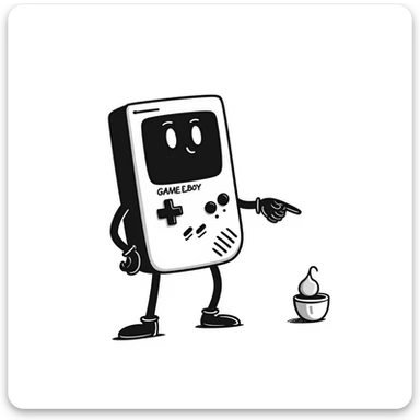 1930s style cartoon gameboy console character, cuphead-style, in black and white, on a plain white background, pointing at something.

 sticker