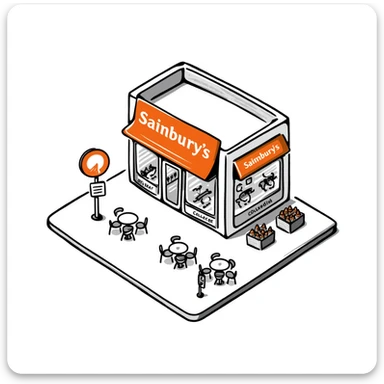 Isometric Sainsbury's supermarket with orange branding, Nectar card logo visible, shopping trolley collection points, and cafe area with outdoor seating sticker