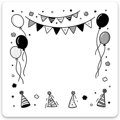 Festive party decorations including balloons, streamers, confetti, party hats, and bunting flags. Using specific pastel colors (dd9fb0, ffc6d3, a3bfc9, c4bee2, f1b091). Hand-drawn doodle style with playful, celebratory elements arranged in a decorative composition. Transparent background. sticker