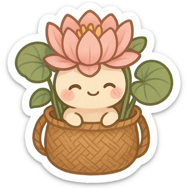 mascota para proyecto productivo, lirio de agua sentado dentro de un bolso artesanal, expresión dulce y acogedora, detalles de hojas y tejido sticker