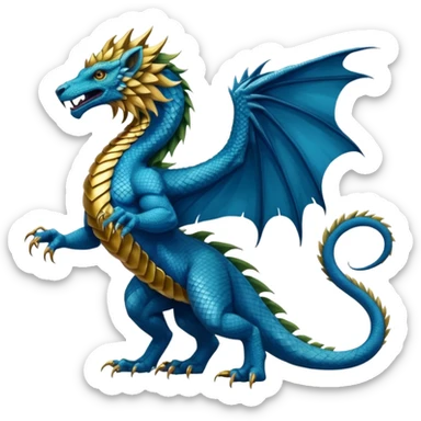 Mušḫuššu, ancient divine beast: blue scaled serpentine body, lion mane, lion forelegs, eagle hind legs, long neck, horned dragon head, lizard tail, optional wings sticker