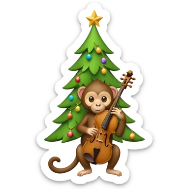 A cute, minimal emoji-style Christmas tree with a bright green triangular shape decorated and a small playful monkey with a violin sticker