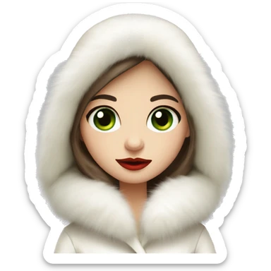 Slavic girl with green eyes and brown long hair wearing a white fur hat and white fur coat with red lips sticker