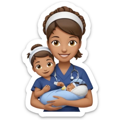 Female nurse smiling wearing no hat with her hair tied up in a roll on the top front of head with medium brown skin and brown eyes holding one new born with navy blue short sleeves sticker