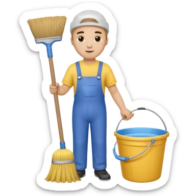 ligth man in cleaning clothes, holding a broom and a bucket sticker