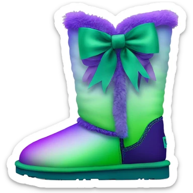 Realistic pair of green to purple ombre Ugg fur boots with silk ribbon bows. sticker