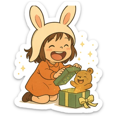 laughing chibi cute girl with a bunny hat, unwrapping a magical glitter gift box with a small laughing teddy bear inside, full body, clean and polished, no imperfections, soft Ghibli style sticker