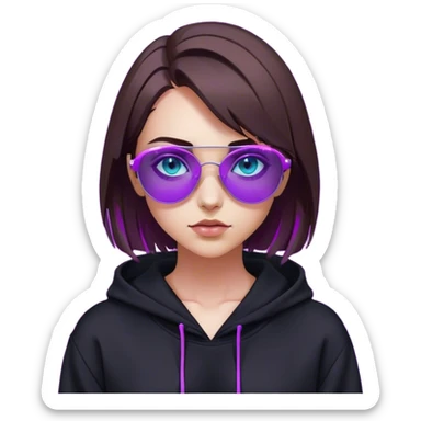 
girl with brown bob and blue eyes in a black hoodie and sunglasses. Cyberpunk style. Violet neon. sticker