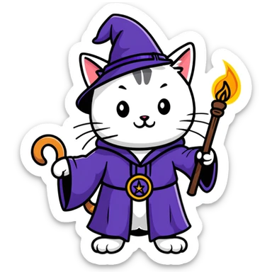 A cat wizard casting a spell with magical staff and flowing robes sticker