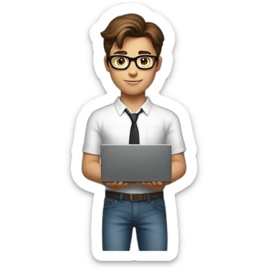 front view of young clark kent wearing white t-shirt using a laptop sticker
